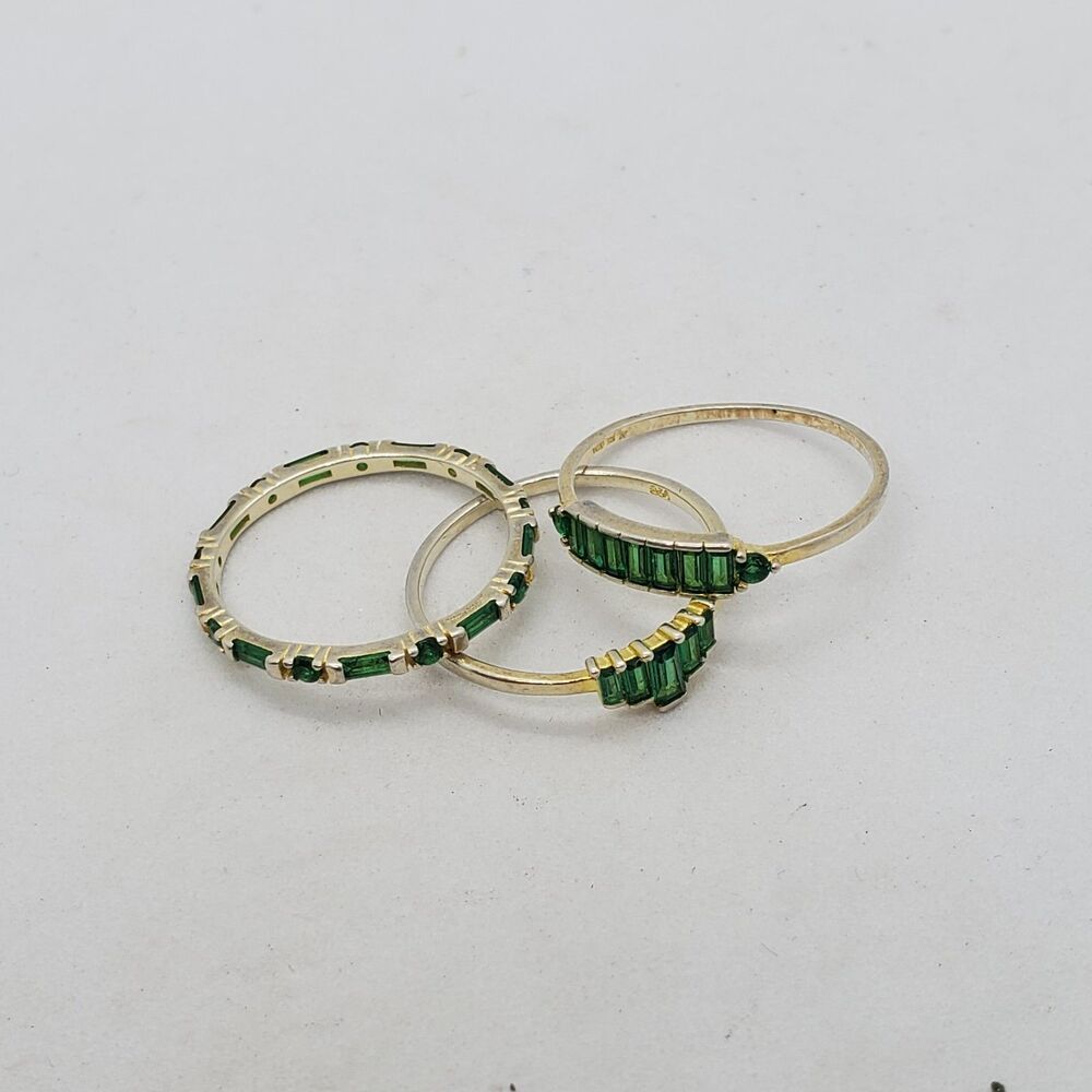 Lot of 3 Gold Plated Sterling Silver and Green Glass Rings Size 7.5-8 925